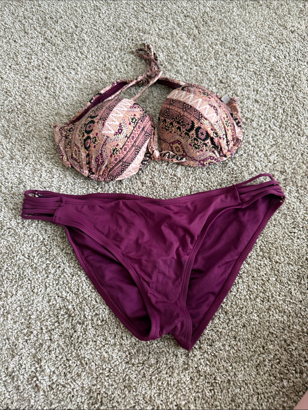 Ambrielle Two-Piece Bikini Set in Mauve and Patterned Pink